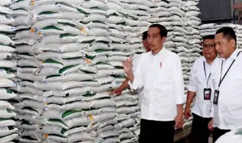 Presiden Joko Widodo (Jokowi) saat melakukan peninjauan stok beras di Gudang Bulog Baru Rawang Timur, Padang, Sumatera Barat