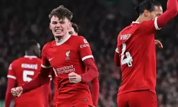 Selebrasi Conor Bradley setelah mencetak gol untuk Liverpool