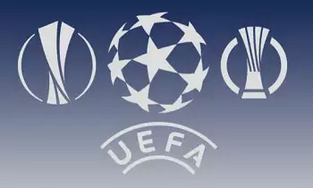 Logo tiga kompetisi klub Eropa yakni Liga Champions (tengah), Liga Europa (kiri) dan Liga Conference