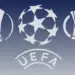 Logo tiga kompetisi klub Eropa yakni Liga Champions (tengah), Liga Europa (kiri) dan Liga Conference