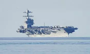 foto yang diambil pada 24 mei 2023 ini menunjukkan kapal induk as uss gerald r ford berlayar di dekat pulau jeloya di moss sel 2 169