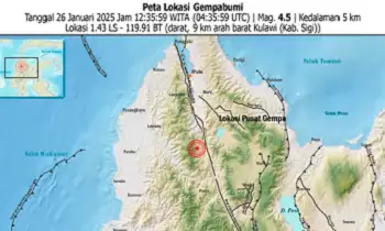 Peta gempa magnitudo 4,5 yang berpusat di wilayah Kulawi Kabupaten Sigi, Sulawesi Tengah pada Minggu (26/1/2025)