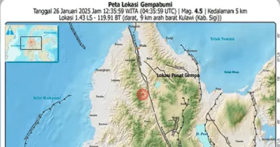 Peta gempa magnitudo 4,5 yang berpusat di wilayah Kulawi Kabupaten Sigi, Sulawesi Tengah pada Minggu (26/1/2025)