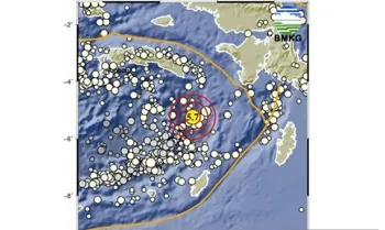 Gempa 5,7 Magnitudo Guncang Maluku, BMKG Pastikan Tidak Berpotensi Tsunami 5 Peta pusat gempa bumi berskala 5,7 magnitudo pada koordinat 5,24° LS ; 131,15° BT, Laut Banda, Tual, Maluku